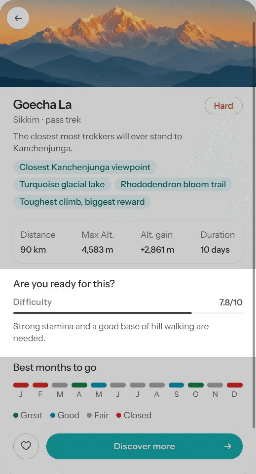 Goecha La trek page showing its difficulty rating, trek highlights, route details, and best months to go