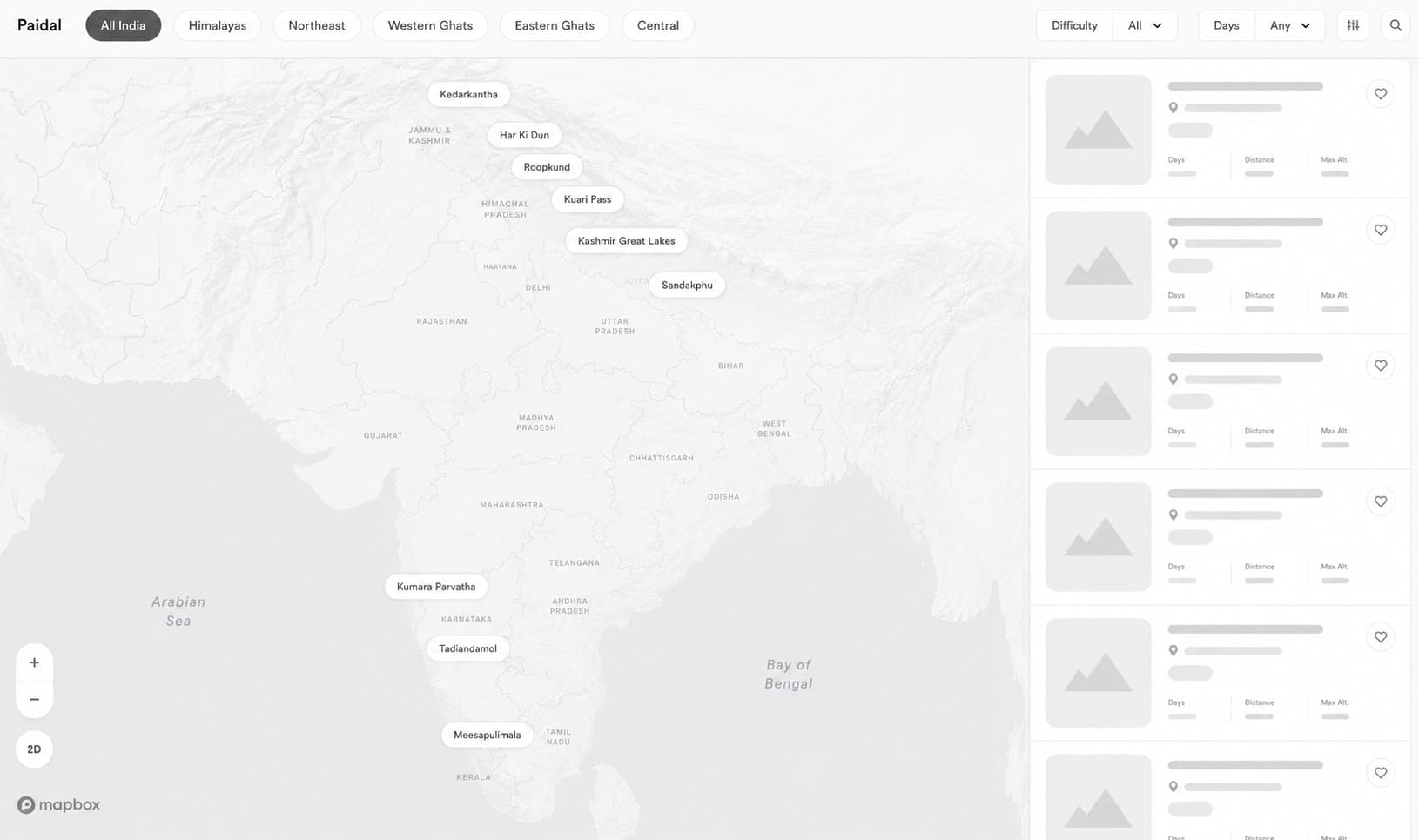 Paidal's map-based discovery interface: an India map with treks pinned by location, alongside a scrollable list of matching treks on the right