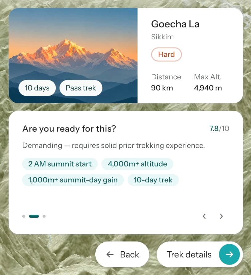 Goecha La trek preview card (Hard, 10 days, 4,940m max altitude) stacked above its fitness snapshot showing a 7.8/10 score and flags like '2 AM summit start' and '4,000m+ altitude'