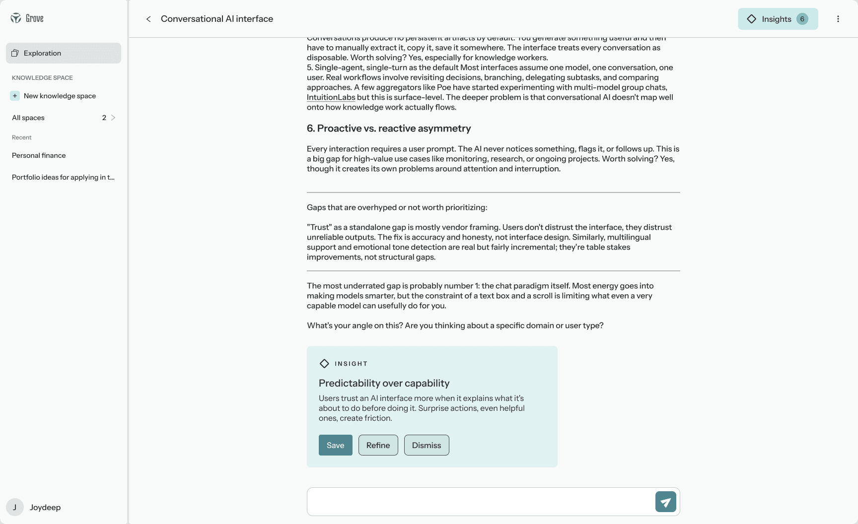 Grove surfacing an automatic insight for the user to review